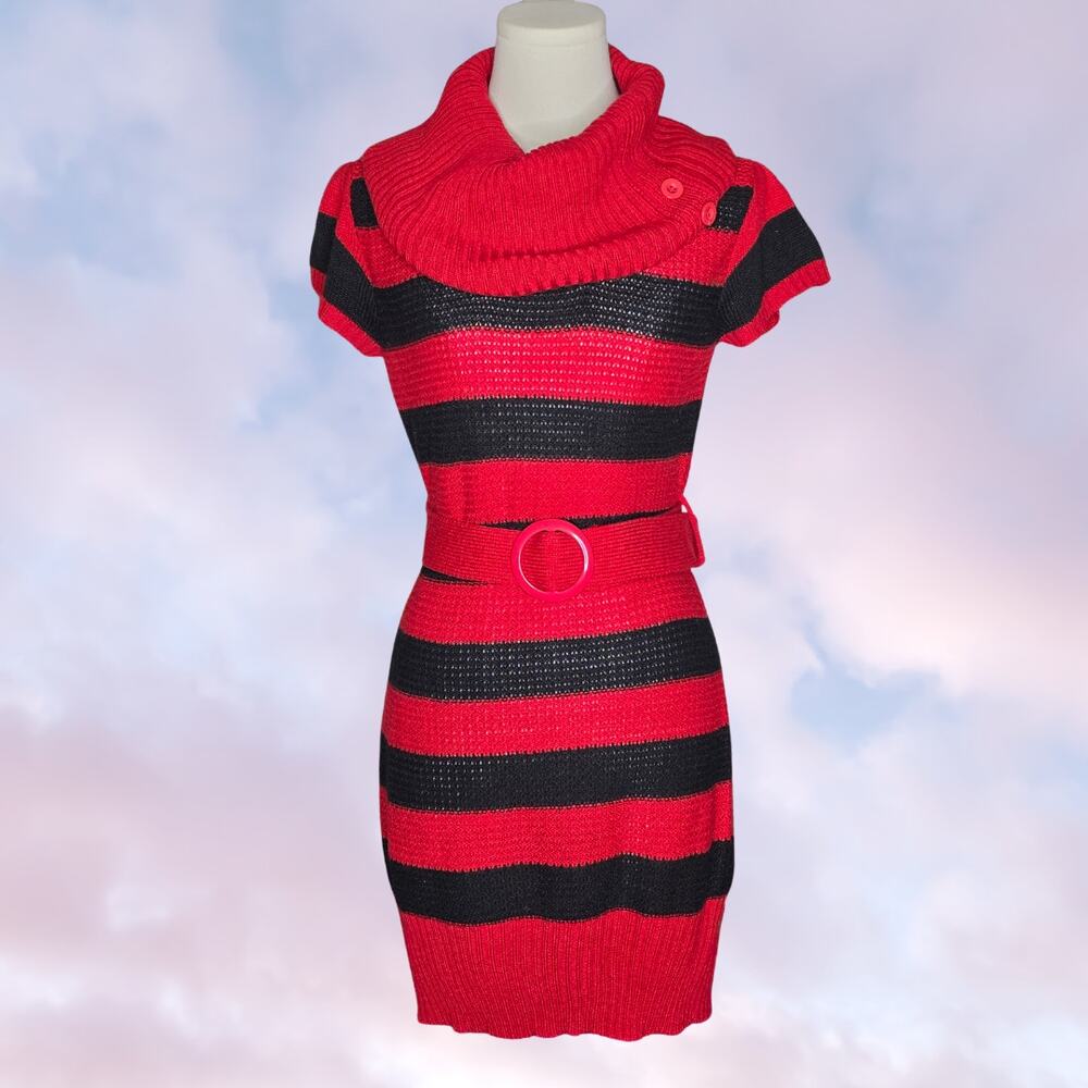 Made For Me To Look Amazing Red Black Stripe Belted Cowl Neck Sweater Dress Sz L